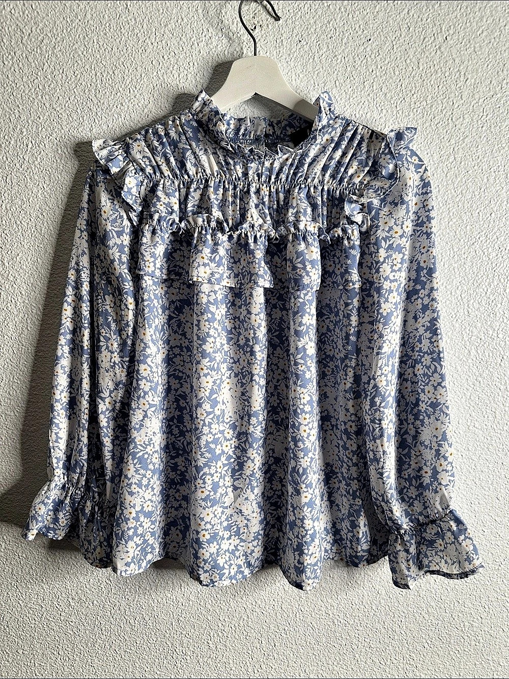 Lip slide Floral Ruffle Blouse in Blue & White Size Large